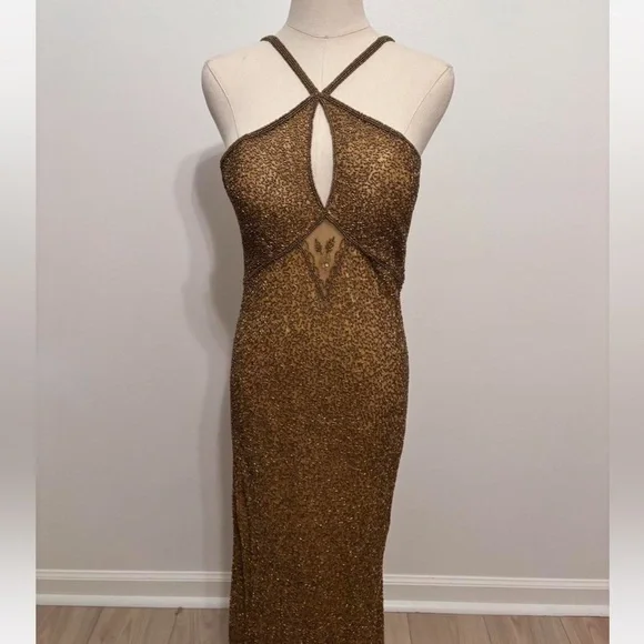 Vintage 100% Silk Beaded Dress Gold Beaded Dress Train Sheer Silk Fairy Prom - Picture 10 of 17